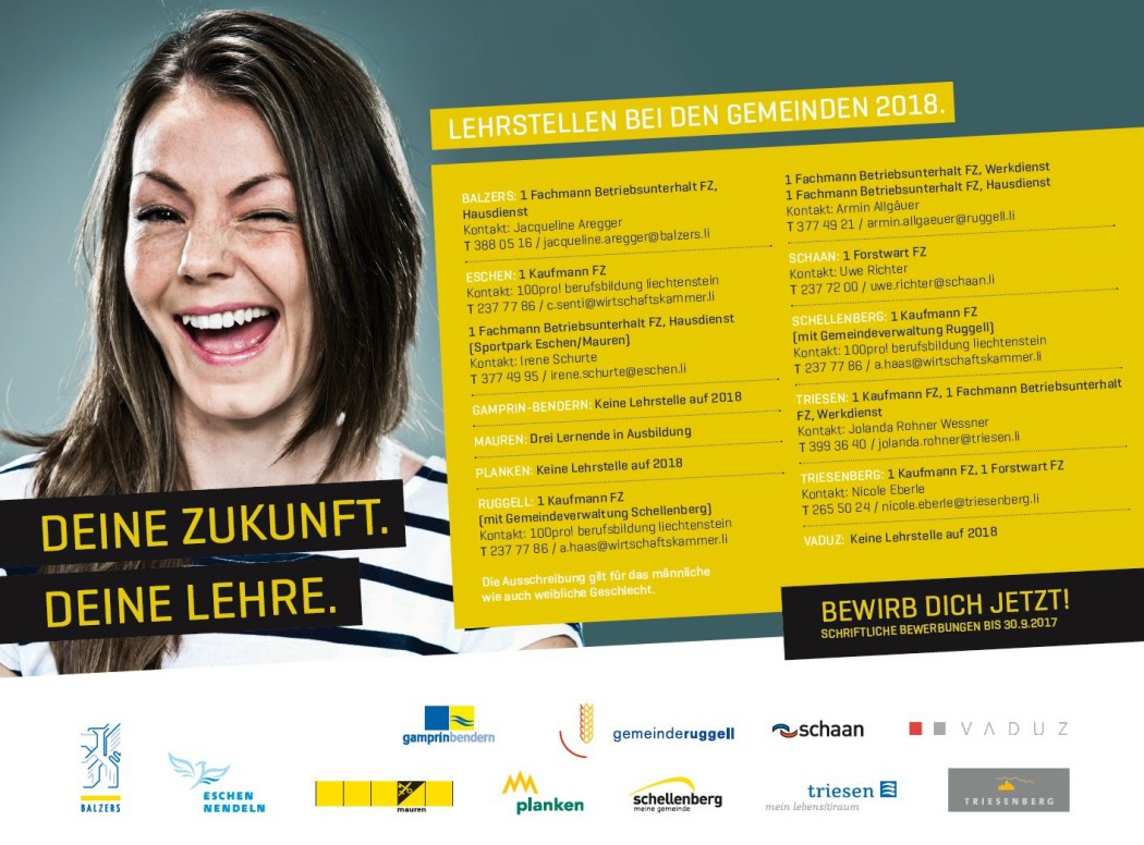 Gemeinsame Lehrstellen-Anzeige der Liechtensteiner Gemeinden für das Jahr 2018.